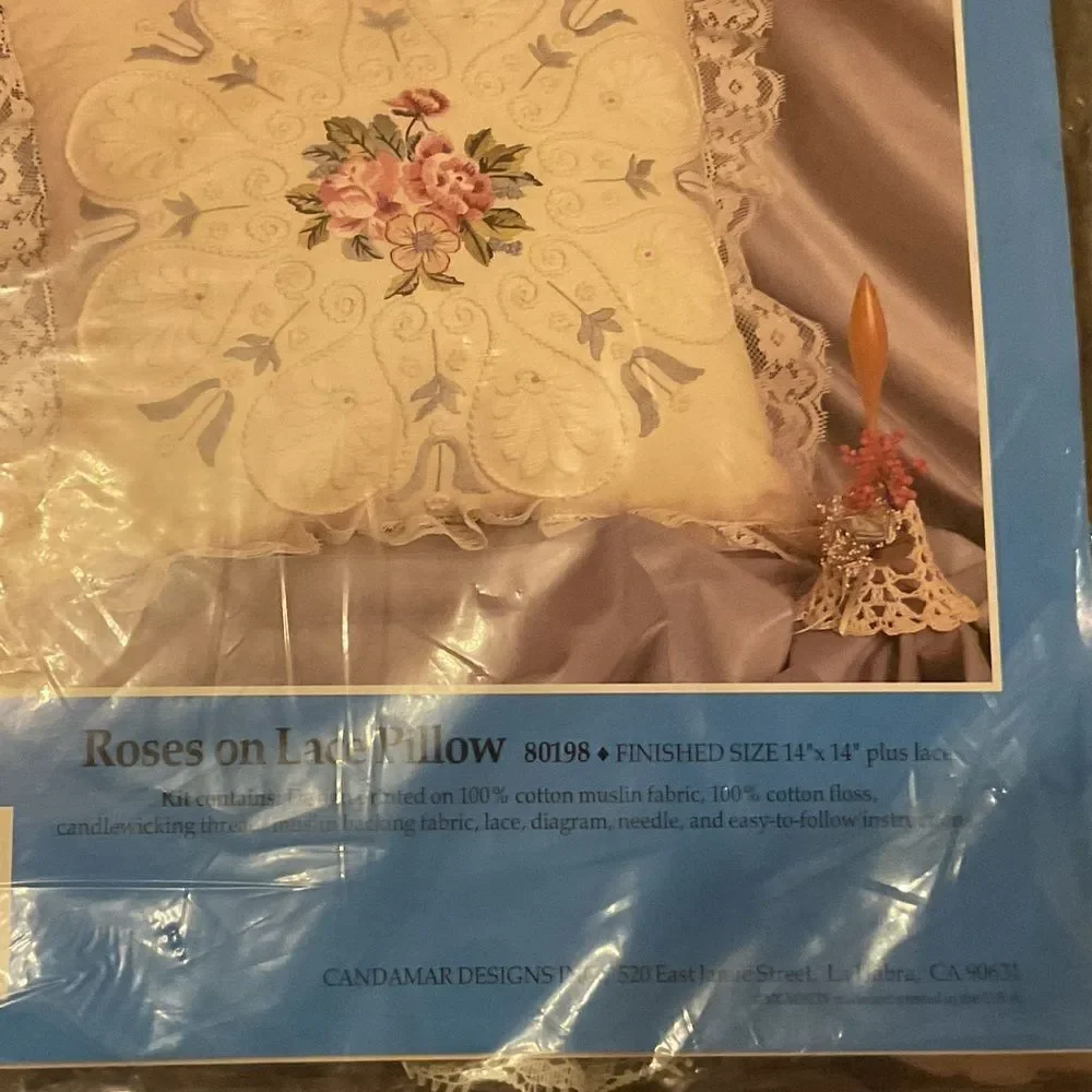 Candamar Designs Roses on Lace Candlewicking Pillow - Cream with Pink Roses